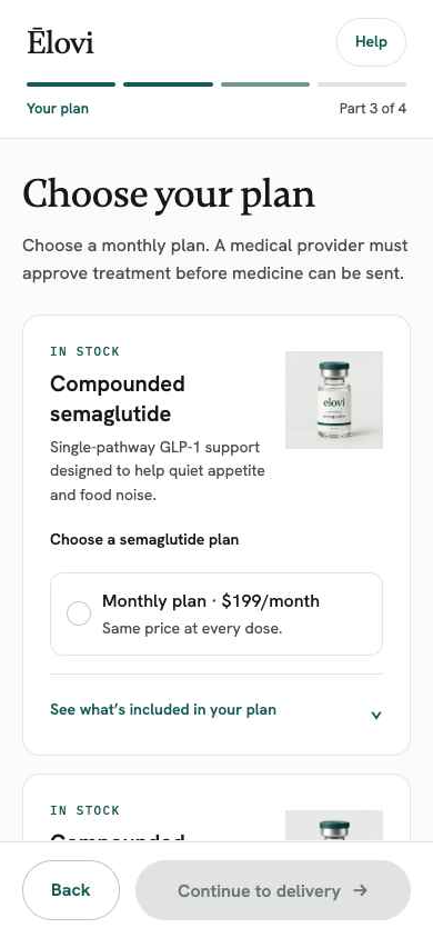 Elovi mobile intake: Choose your plan, semaglutide $199/month or tirzepatide $249/month