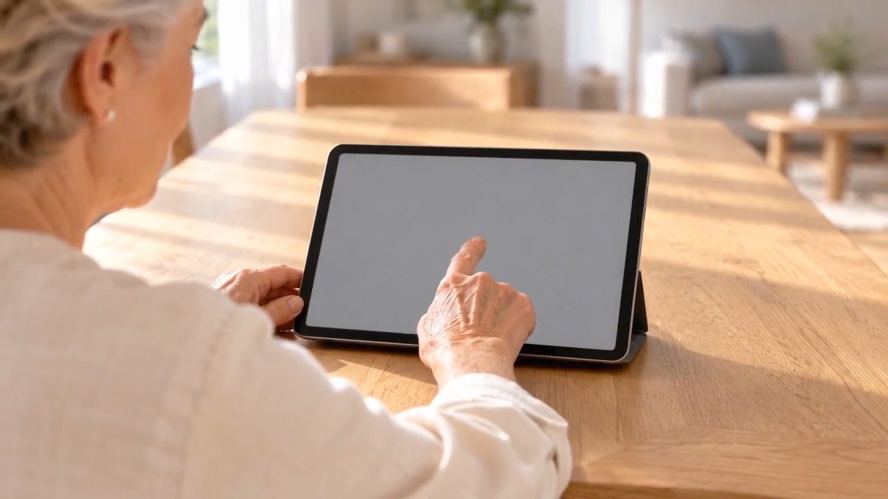 Generated B1 clip: a woman tapping a tablet with a blank grey screen