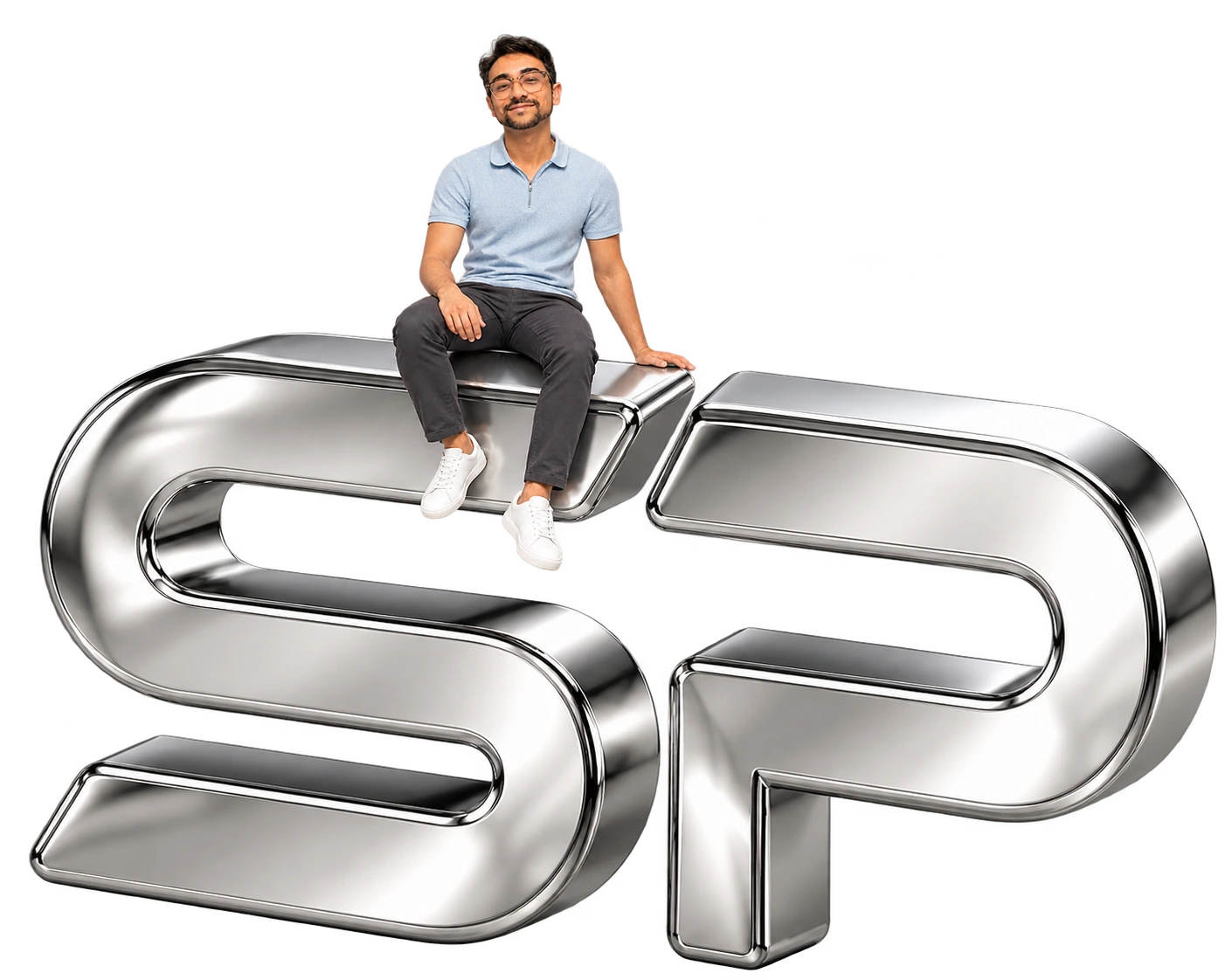 Sonny Patel sitting on large chrome SP letters